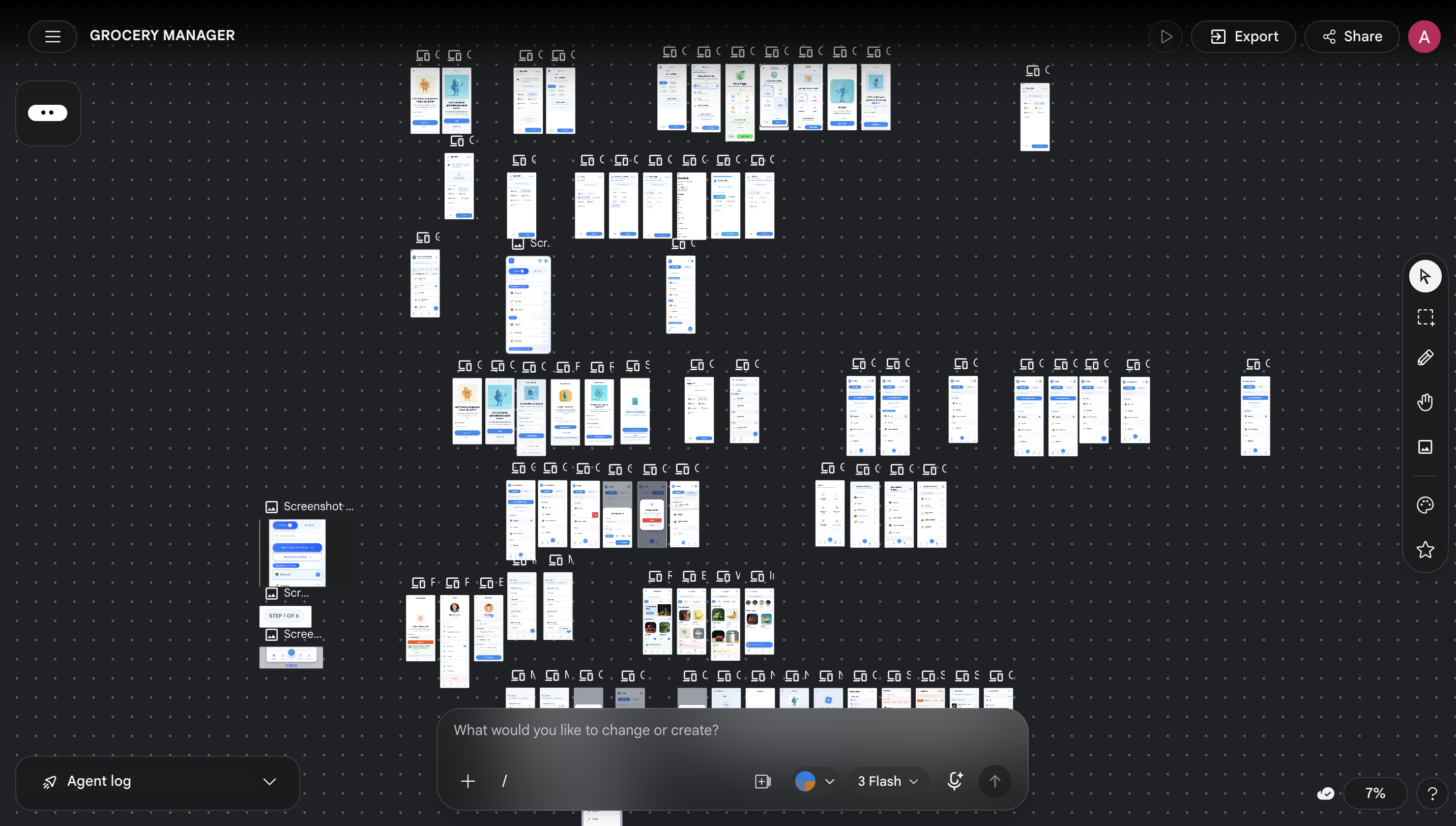 Stitch AI design canvas with many UI ideation screens